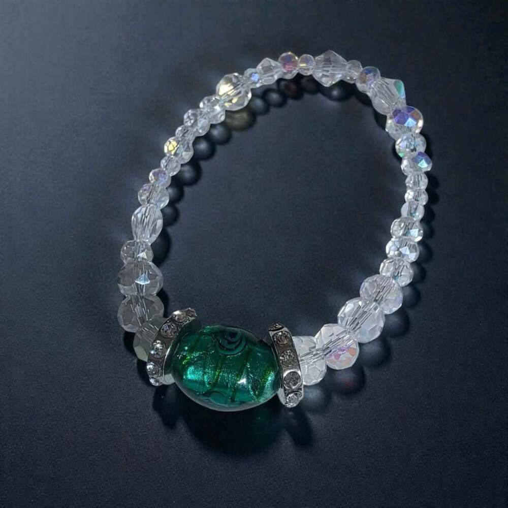 Green Glass and Crystal Faceted Bead Stretch Bracelet